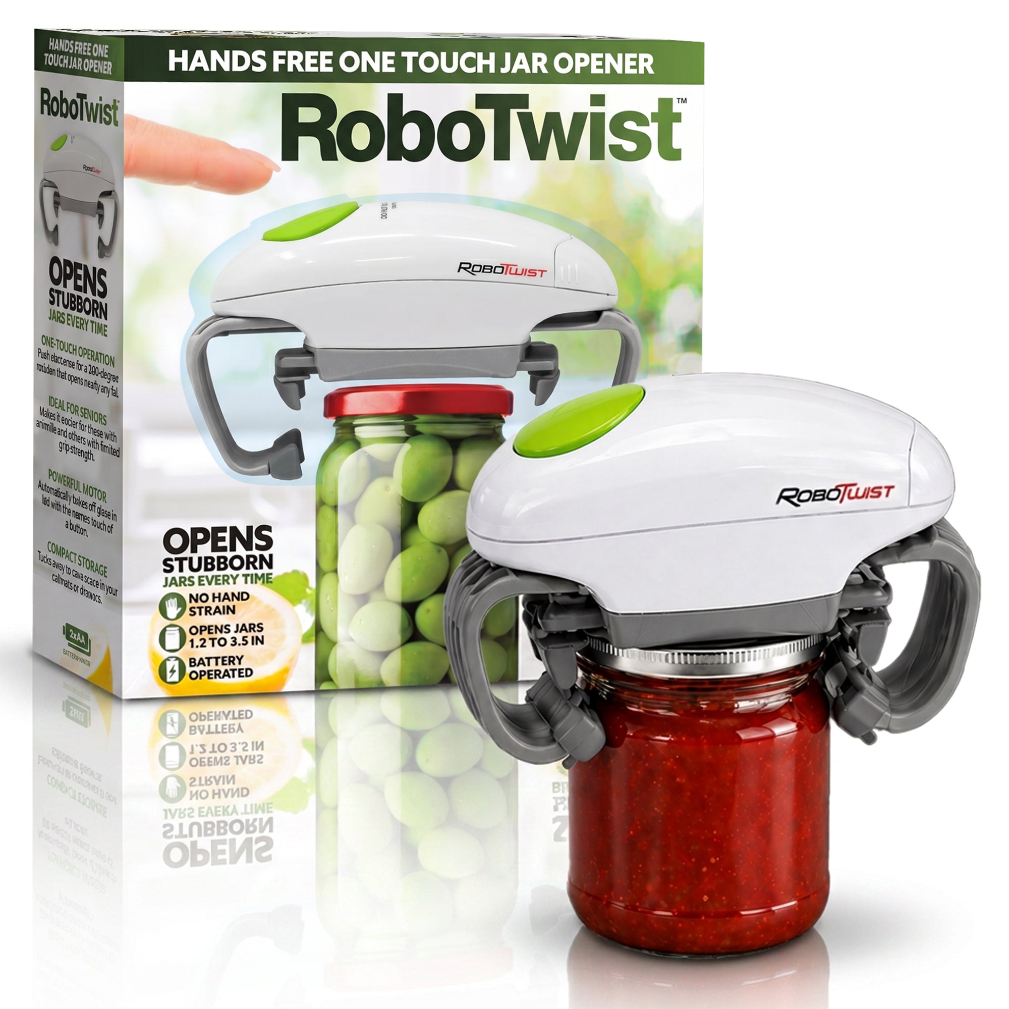 RoboTwist automatic jar opener next to its retail box, clamped onto a jar of tomato salsa